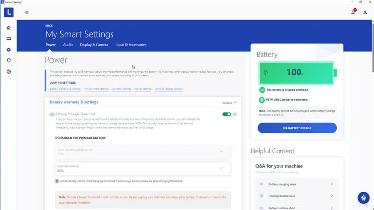 In addition, leveraging battery-saving features and specialized software tools can notably prolong battery life. Many laptop manufacturers provide their own proprietary software suites preinstalled on their devices. For instance, Lenovo offers Lenovo Vantage. By activating the "battery charge threshold" feature within this software, users can establish a charging threshold below 100%, thereby mitigating the risk of overcharging. This functionality proves particularly beneficial for laptops that remain plugged in for extended periods or on a consistent basis.